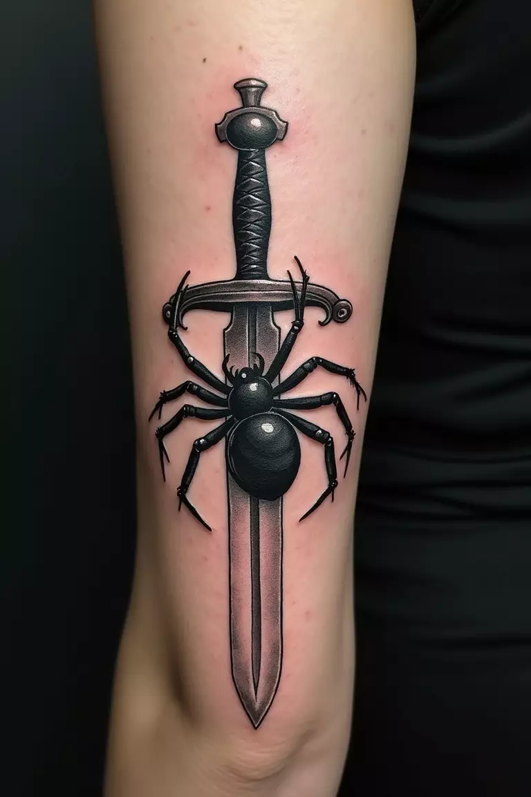 A close-up shot of a woman's arm with a black ink tattoo of a spider crawling on an old-fashioned dagger.