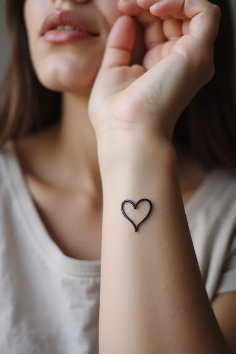 A close-up shot of a woman showing her black ink tiny minimalist heart outline tattoo design on her inner wrist