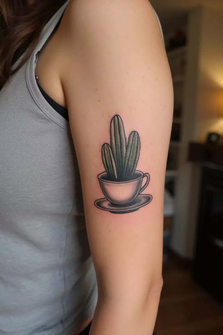 A close up shot of a woman showing her black ink cactus tattoo in a teacup or coffee mug on her arm  