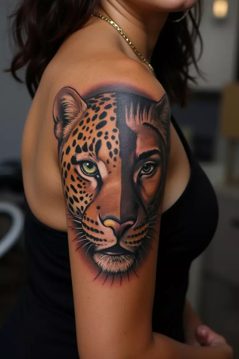 A photo of a woman showing her half-leopard, half-human face fusion tattoo blending seamlessly on her bicep