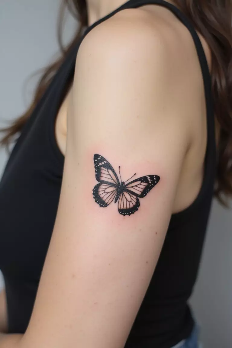 A close-up shot of a woman's arm with a black ink tattoo of a delicate butterfly in mid-flight, fine line art.