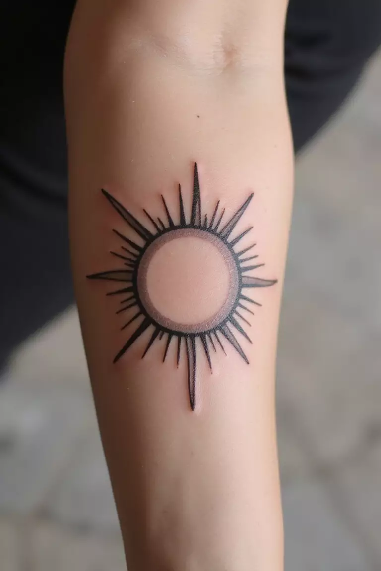 A close-up shot of a woman showing her black ink minimalist sun outline with simple rays tattoo design on her arm