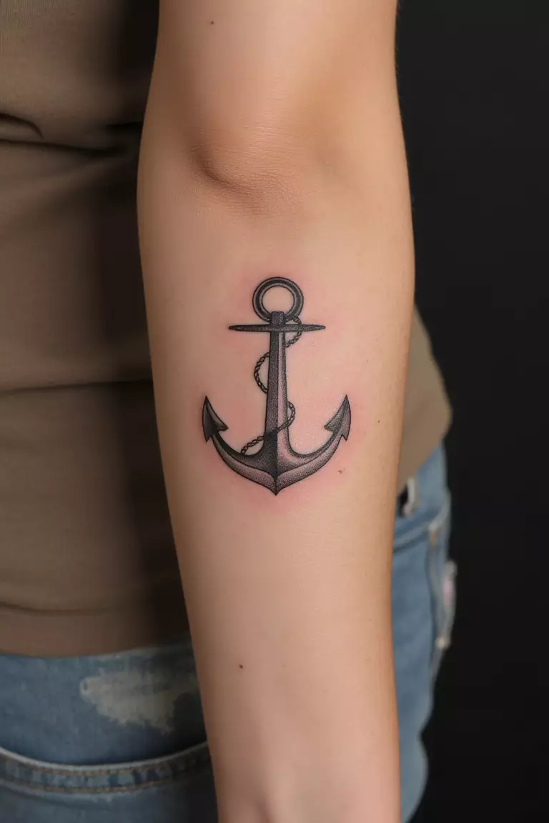Delicate Anchor A close up shot of woman's arm with a black ink delicate anchor tattoo.
