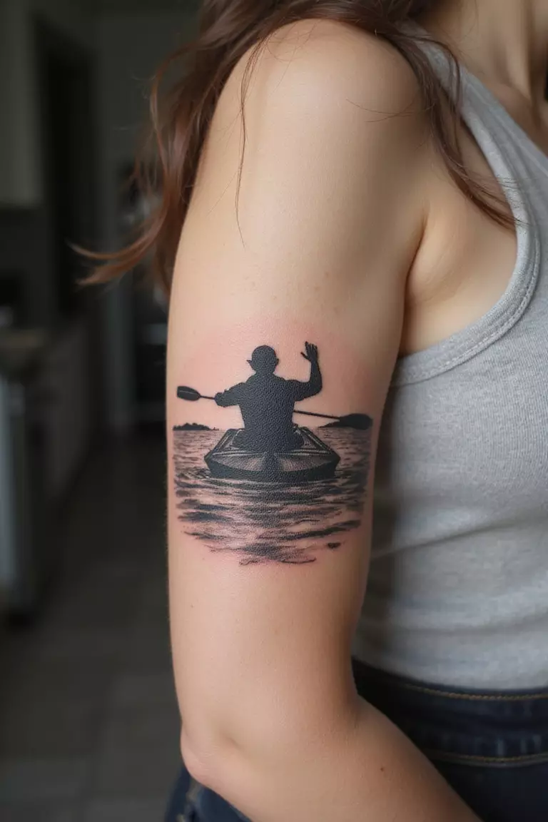 Kayak on Water A close-up shot of a woman showing her black ink kayak on water tattoo on her arm.