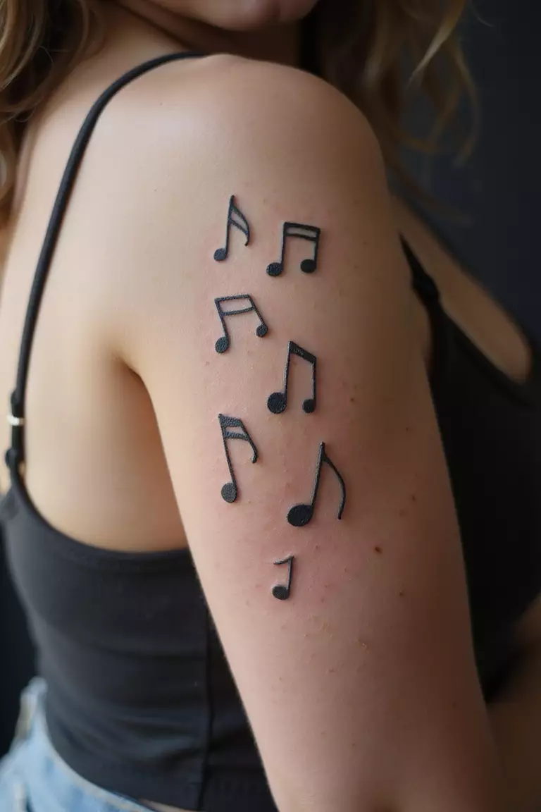 A close-up shot of a woman showing her black ink scattered musical notes tattoo on her arm.