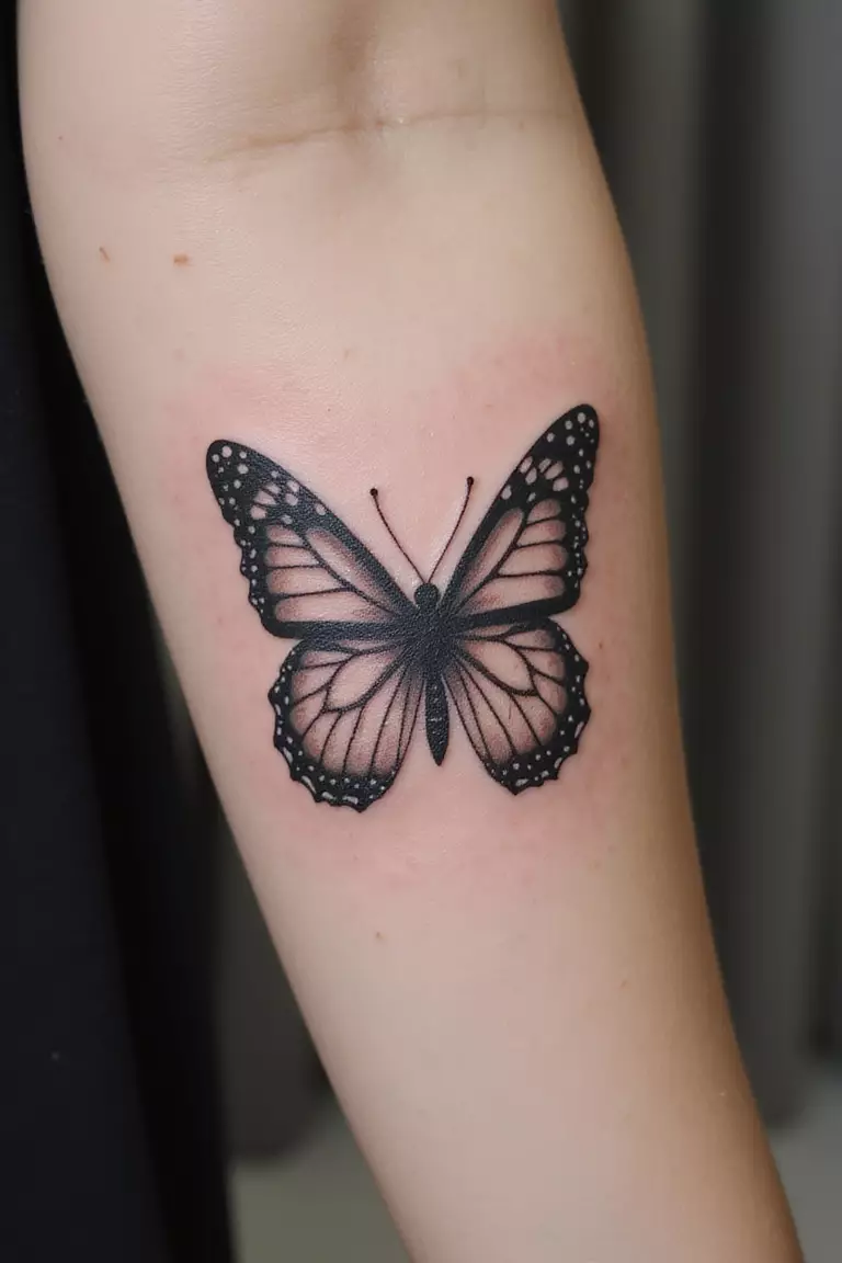 A close-up shot of a woman's arm with a black ink tattoo of a butterfly with patterned wings in mid-flight.