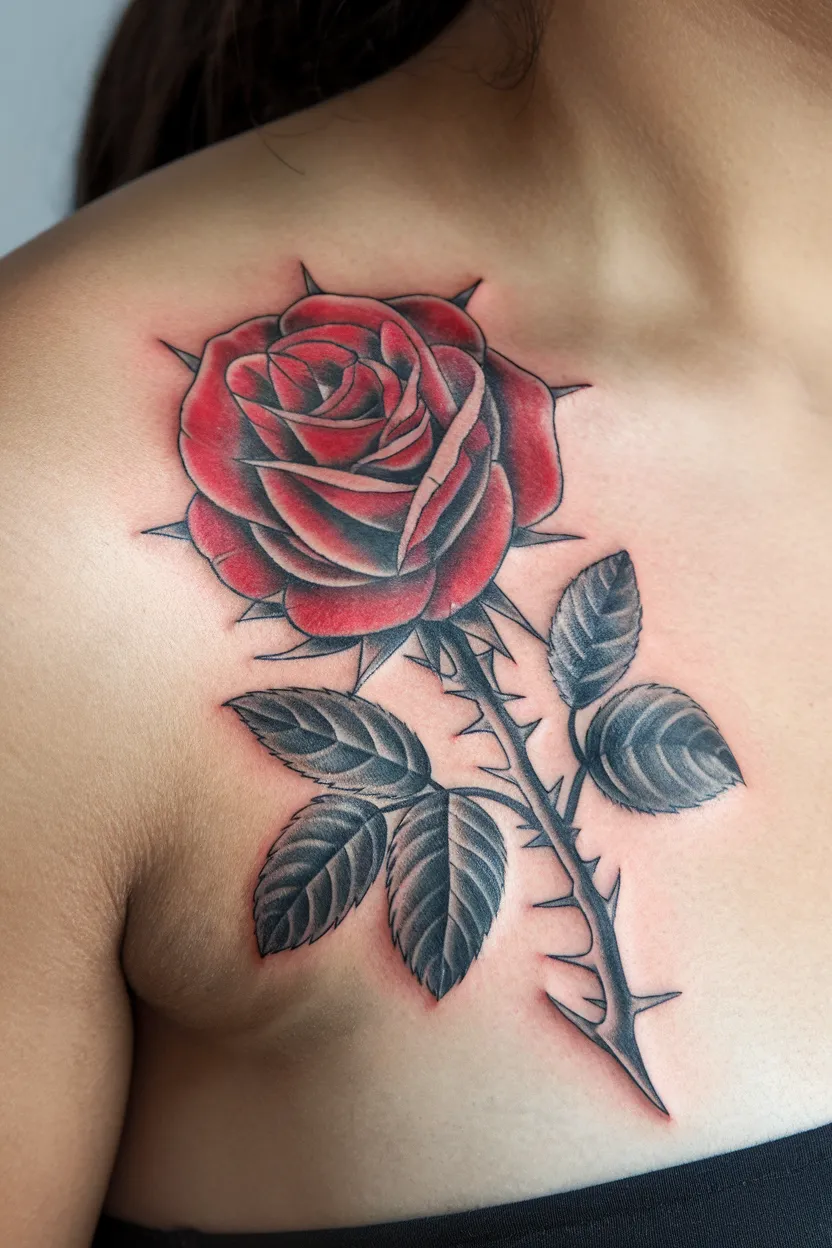 Traditional Red Rose With Stem and Thorns