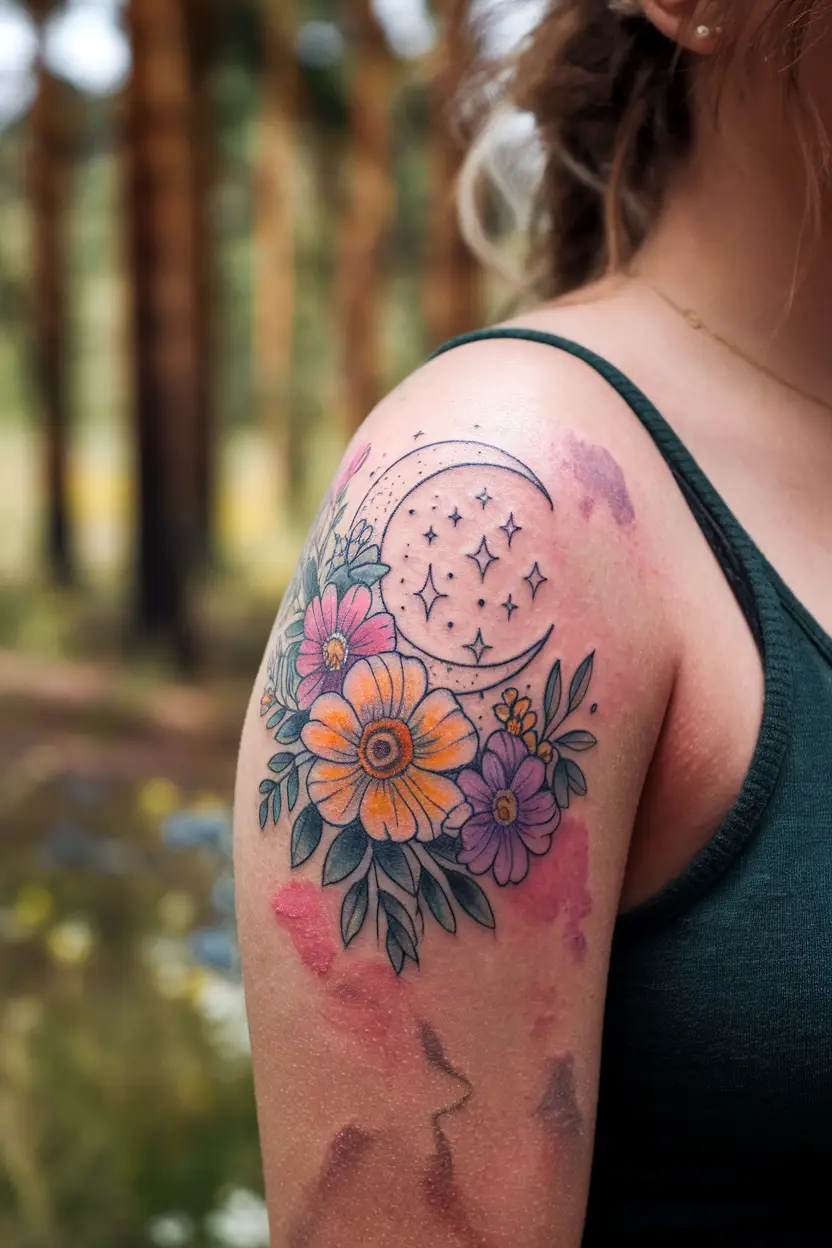 Floral Moon Tattoo