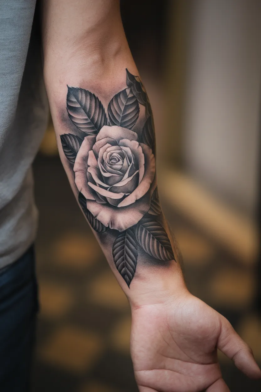 Black and Gray Rose Hand Tattoo