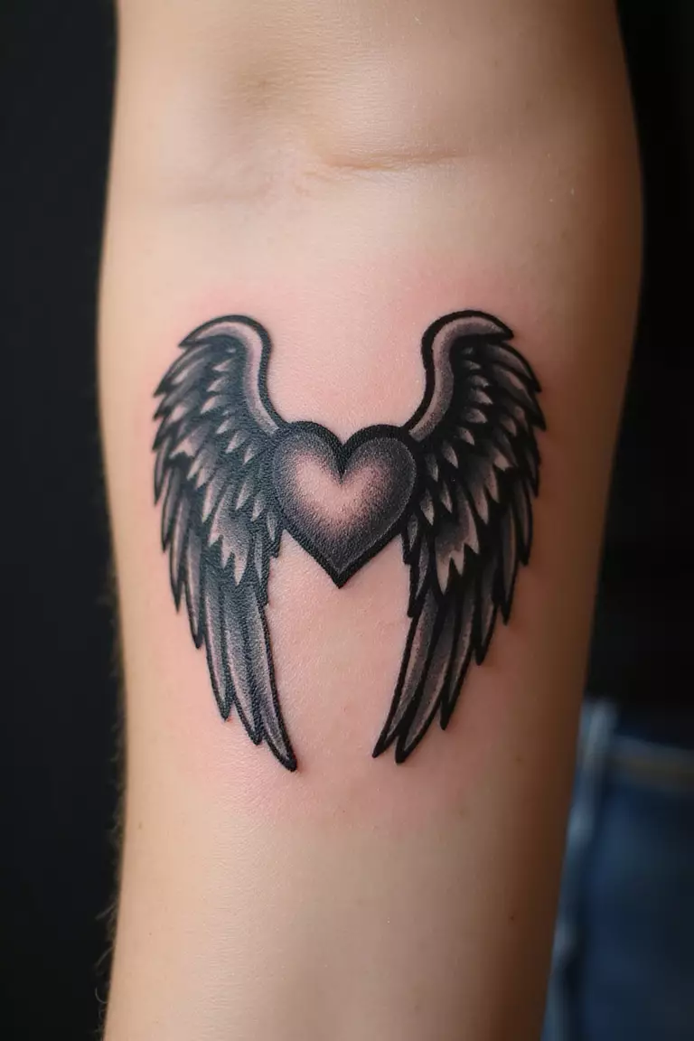 Heart with Angel Wings A close-up shot of a woman's arm with a black ink tattoo of a heart with angel wings.