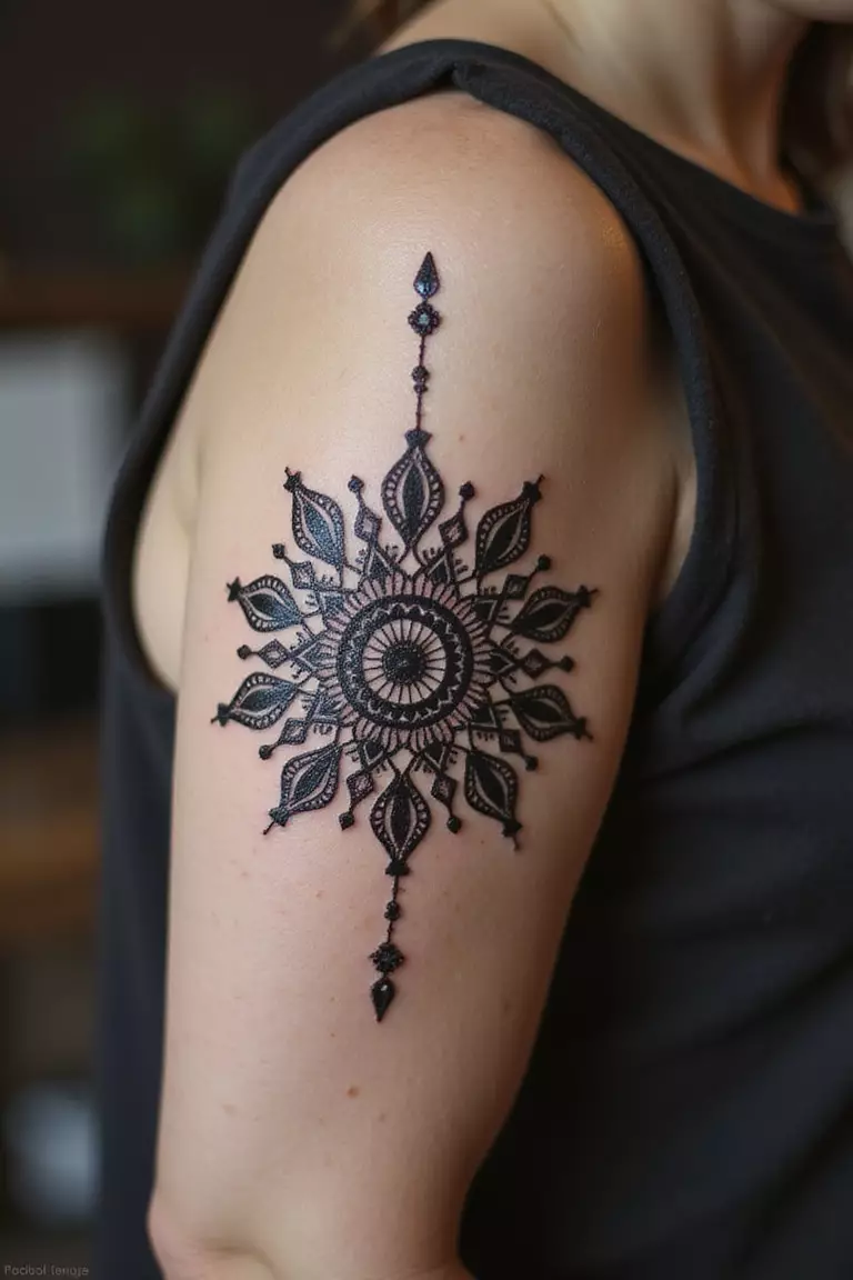 A close-up shot of a woman showing her black ink intricate mandala pattern forming the shape of a sun tattoo design on her arm