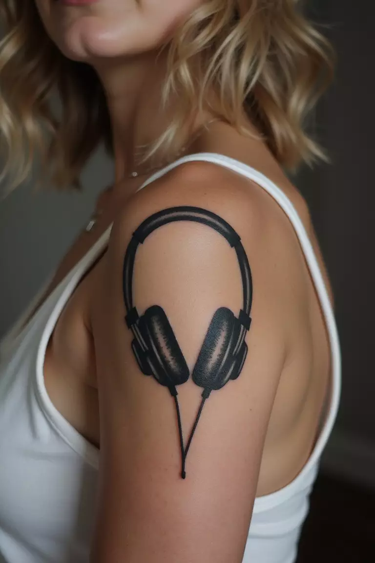 A close-up shot of a woman showing her black ink modern headphones tattoo on her arm.