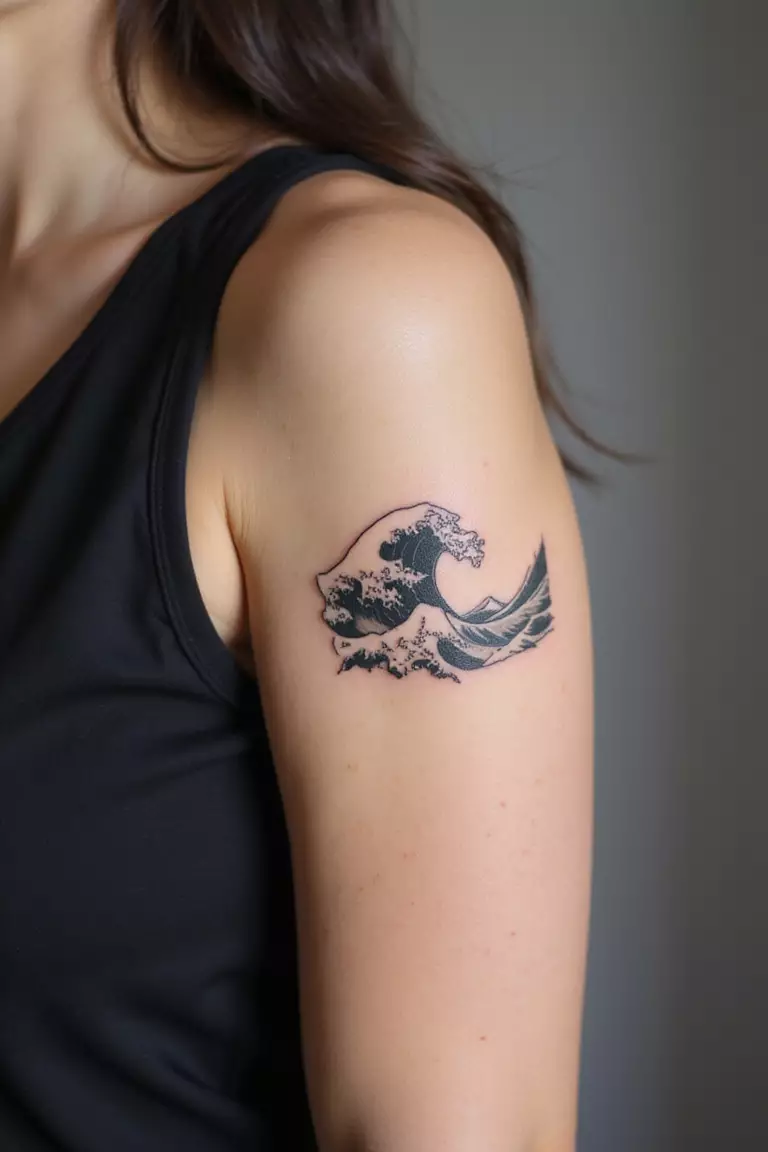 A close-up shot of a woman showing her black ink minimalist waves tattoo design on her arm