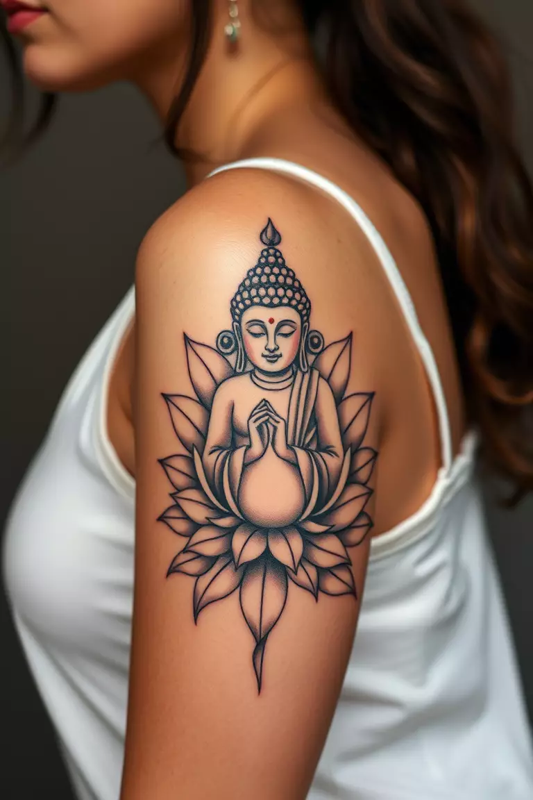 A close-up photo of a woman showing her Buddha and lotus flower arm tattoo design.  