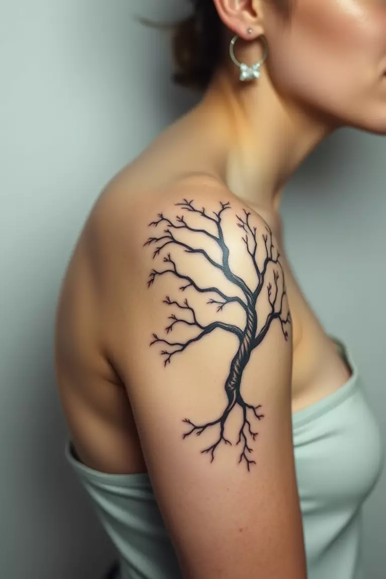 A photo of a woman showcasing a poison tree design inked on her shoulder blade, artistically designed to flow with her body.  