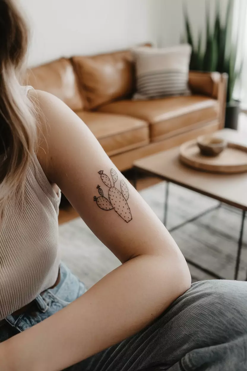 Tiny Cactus A close-up photo of a woman showing her tiny cactus tattoo with delicate spines and a tiny flower, tattoo design, living room background