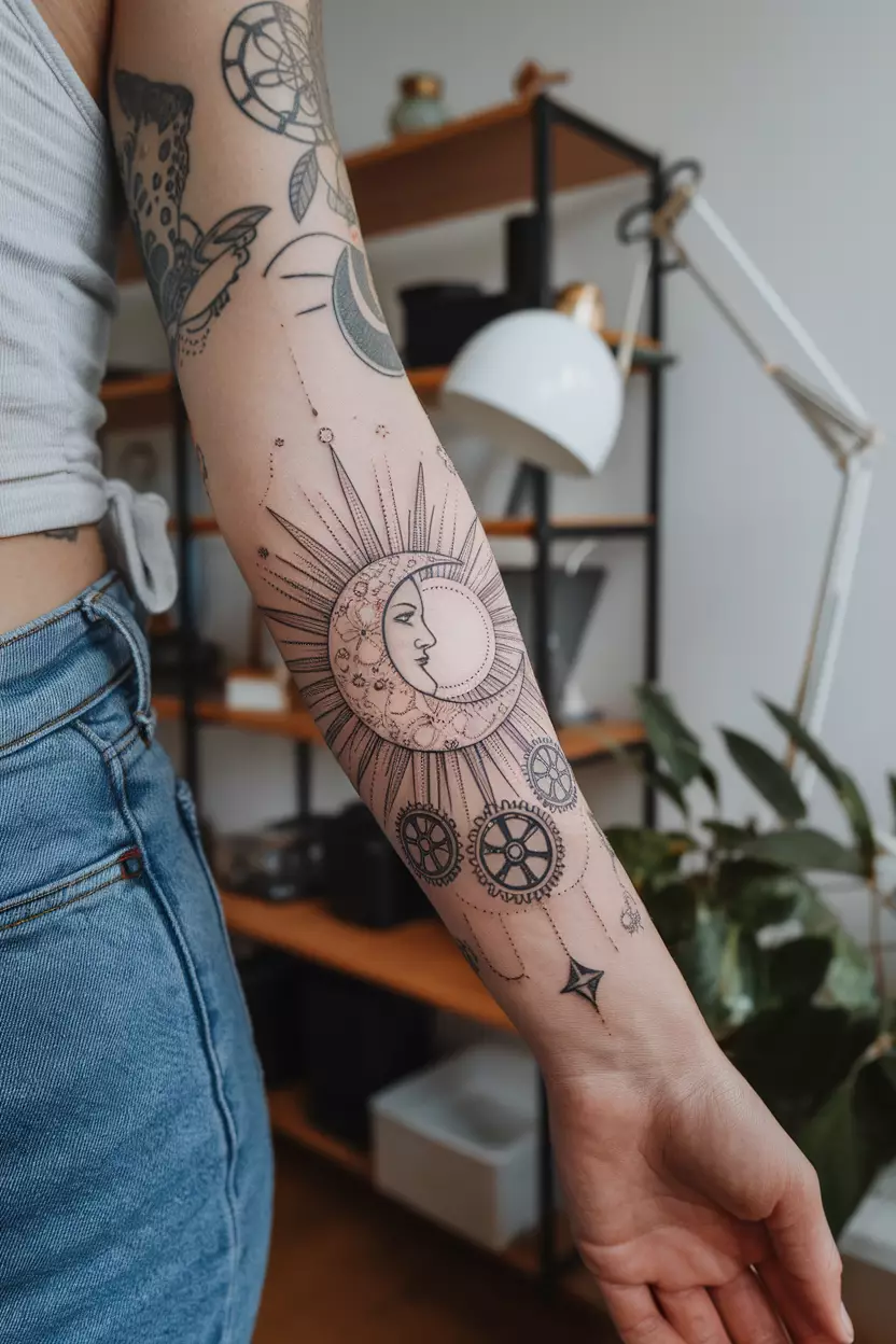 A close-up photo of a woman showing her forearm with a detailed linework tattoo of a crescent moon embracing a sun, living room background