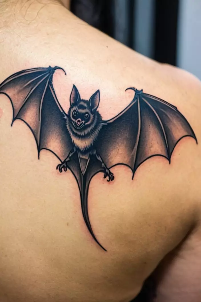A close-up photo of a woman showing her traditional bat tattoo, bold and classic, on her upper shoulder.  