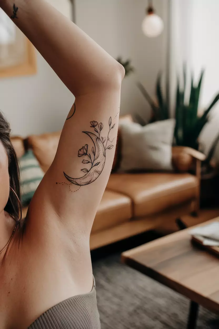 A close-up photo of a woman showing her crescent moon tattoo with delicate flowers growing from it, tattoo design, living room background