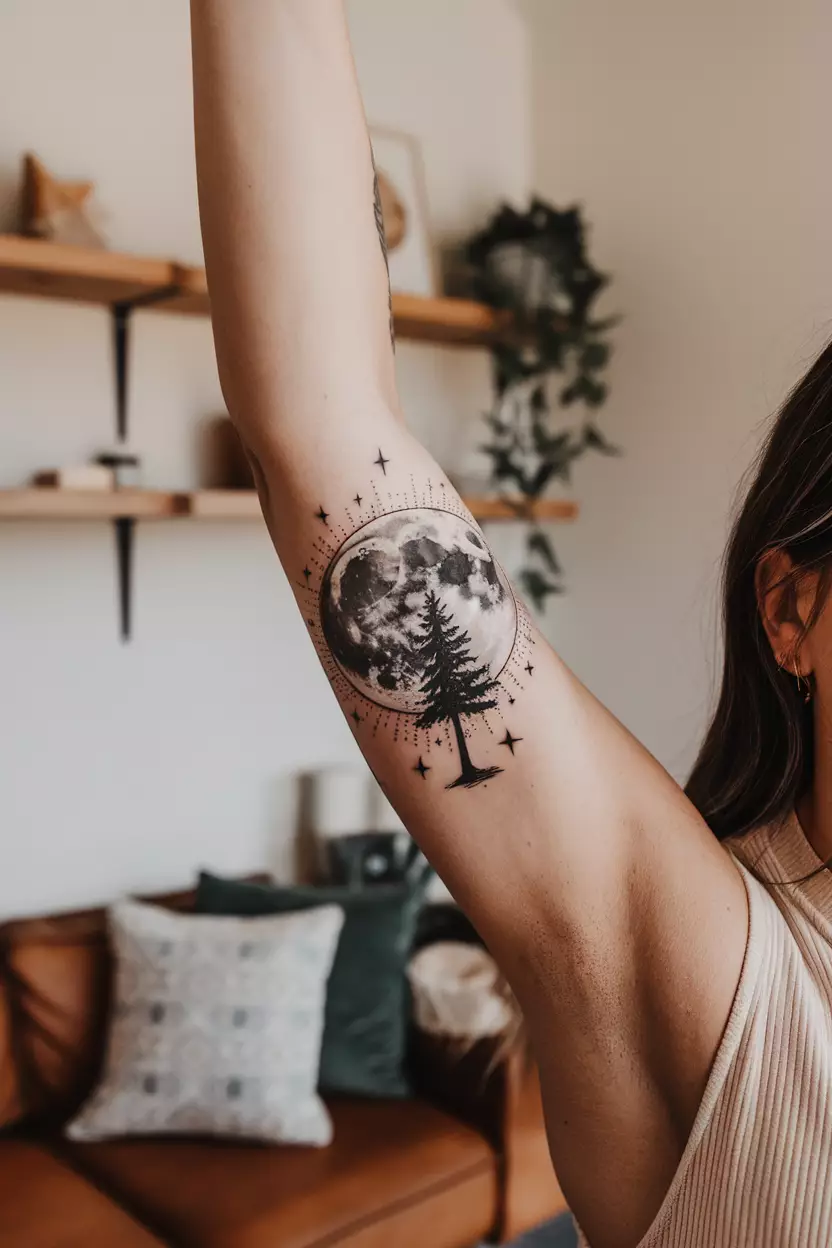 A close-up photo of a woman showing her detailed full moon tattoo with a tree silhouette in front of it, tattoo design, living room background