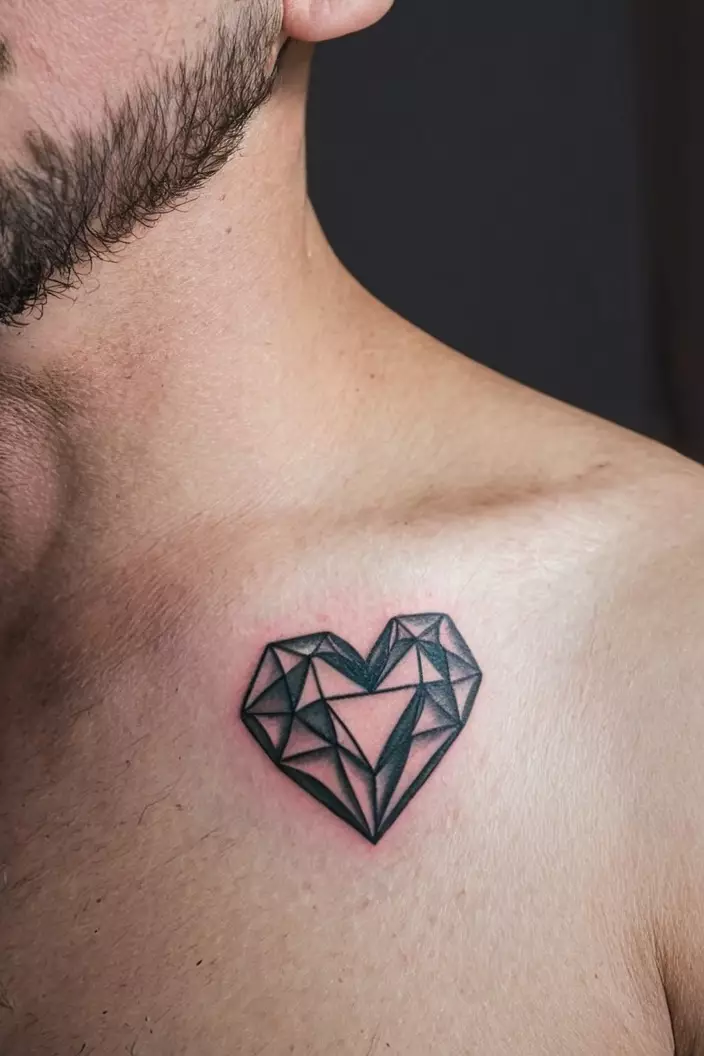 A close-up photo of a man showing his mini geometric heart tattoo.  