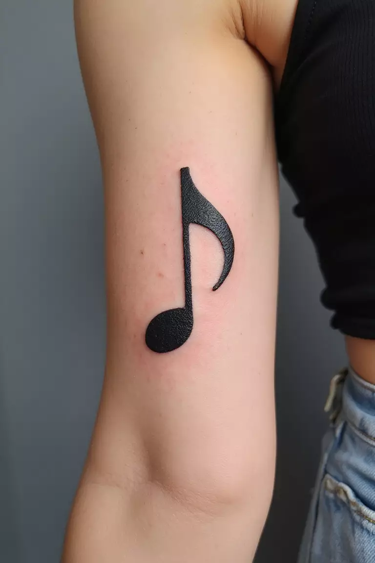 A close up shot of woman's arm with a black ink tattoo of a single quaver music note.