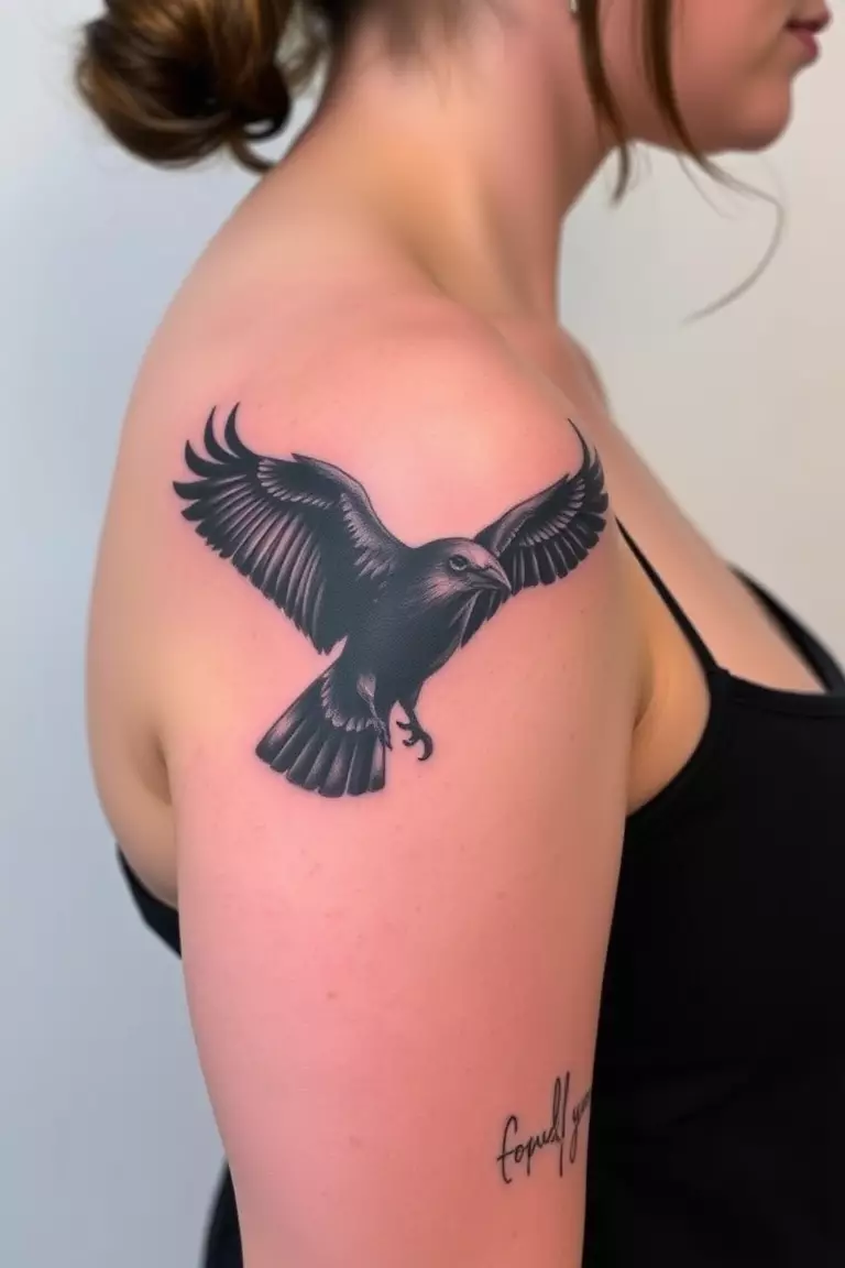 A photo of a woman with a realistic crow in flight tattoo on her upper arm, capturing the beauty of motion and detail.  