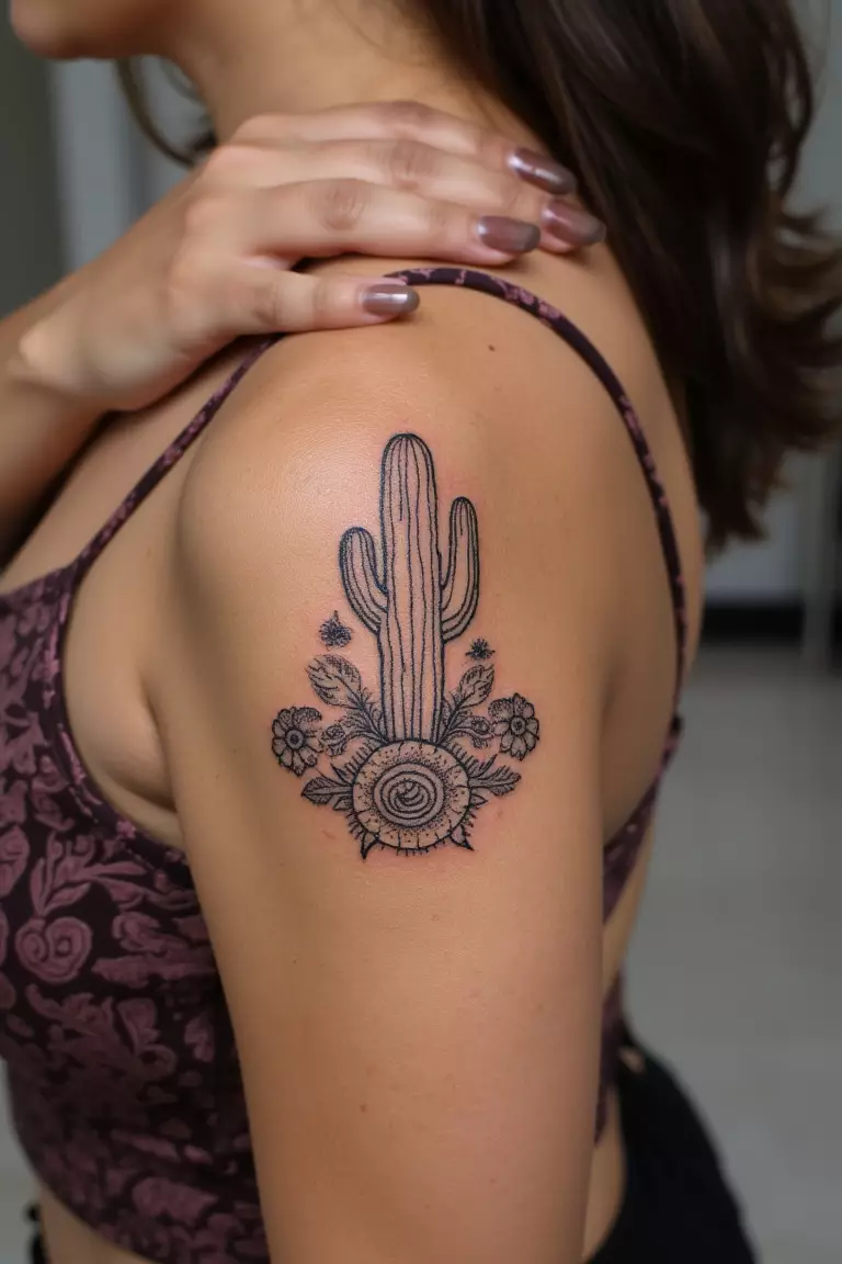 A close up shot of a woman showing her black ink cactus surrounded by delicate mandala patterns tattoo on her arm  