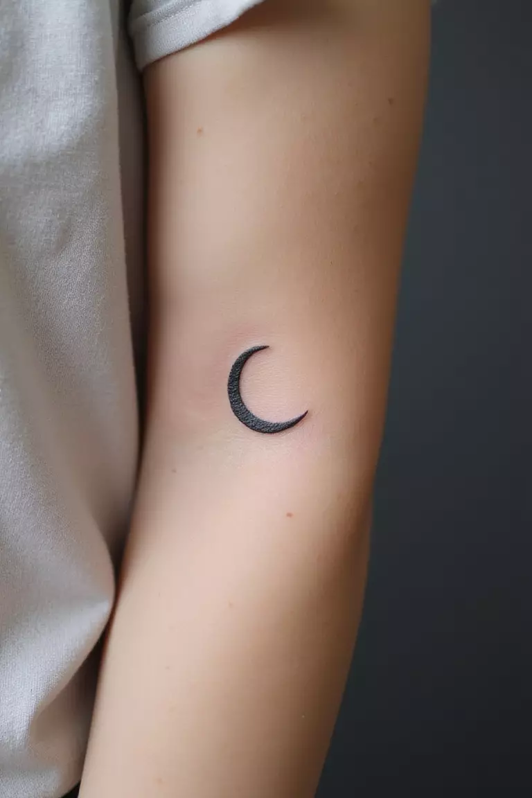 A close-up shot of a woman's arm with a black ink tattoo of a delicate crescent moon, fine line.