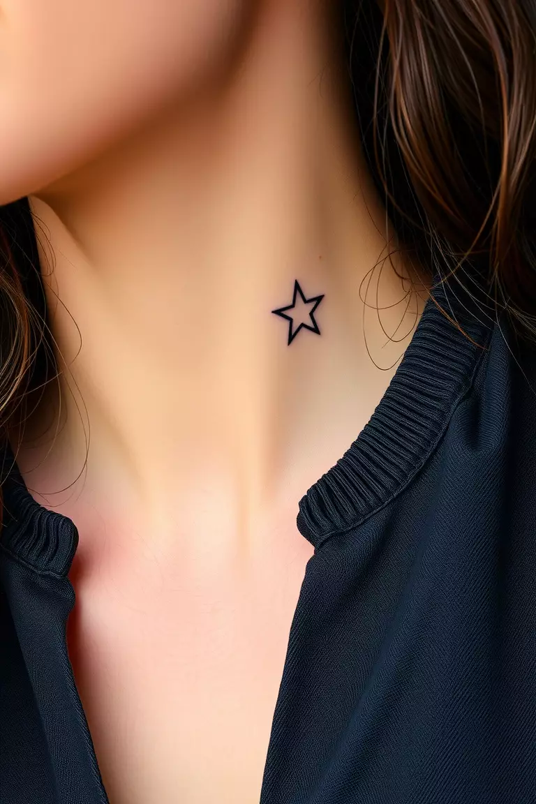 A close-up shot of a woman showing her black ink tiny single five-pointed star tattoo design on her collarbone