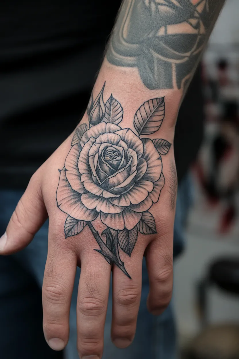 Fineline Black and Gray Rose Hand Tattoo