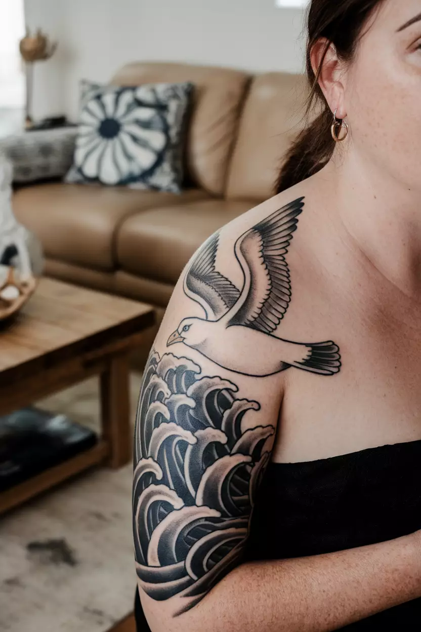 A close-up photo of a woman showing her seagull tattoo soaring above stylized waves to symbolize freedom and the spirit of exploration over vast waters, tattoo design, living room background