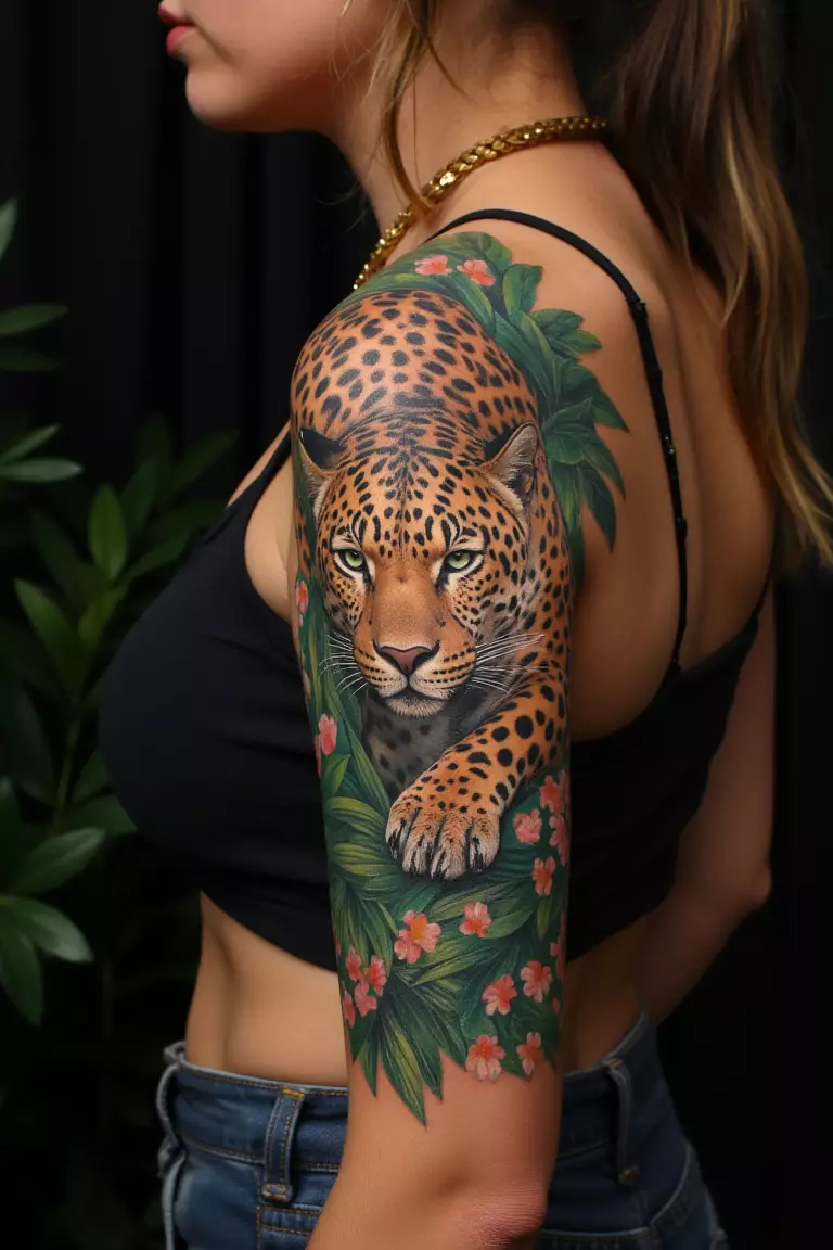 A photo of a woman showing her leopard emerging from jungle foliage tattoo with lush greenery on her upper arm
