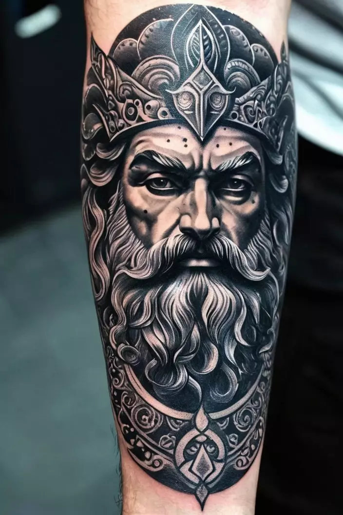 A photo of a man with a dotwork Poseidon portrait tattoo on his arm, emphasizing the intricate dot patterns creating his features.  