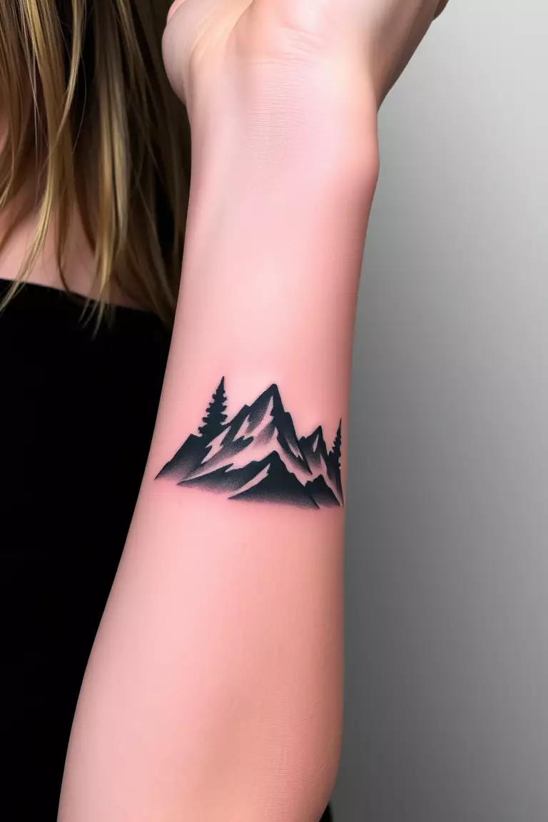 A photo of a woman with a dark-themed mountain tattoo on her forearm, showcasing shadowy silhouettes against a muted backdrop.  
