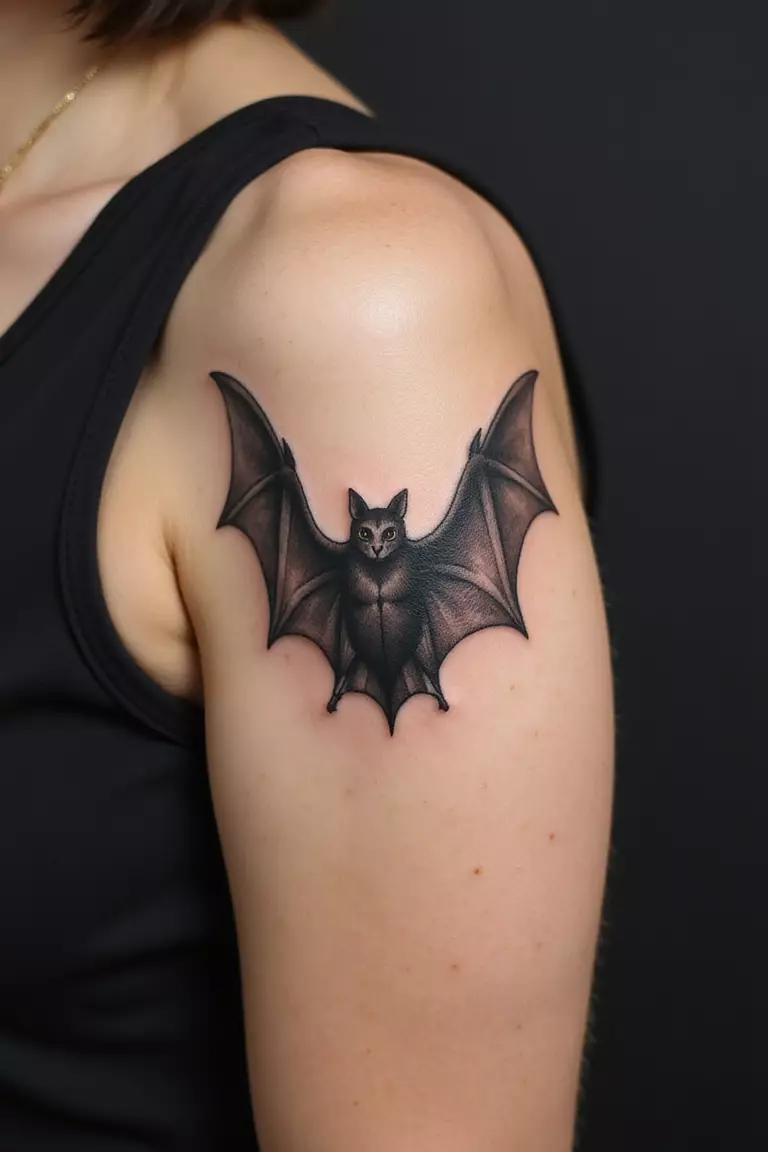 A close up shot of woman's arm with a black ink tattoo of a bat.
