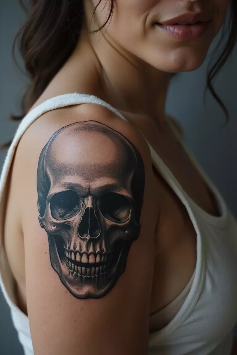 A close-up shot of a woman showing her black ink skull for facing mortality tattoo on her arm