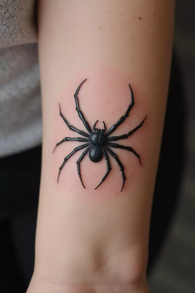 A close-up shot of a woman's arm with a solid black ink tattoo of a spider's silhouette, showing only its outline filled in black.
