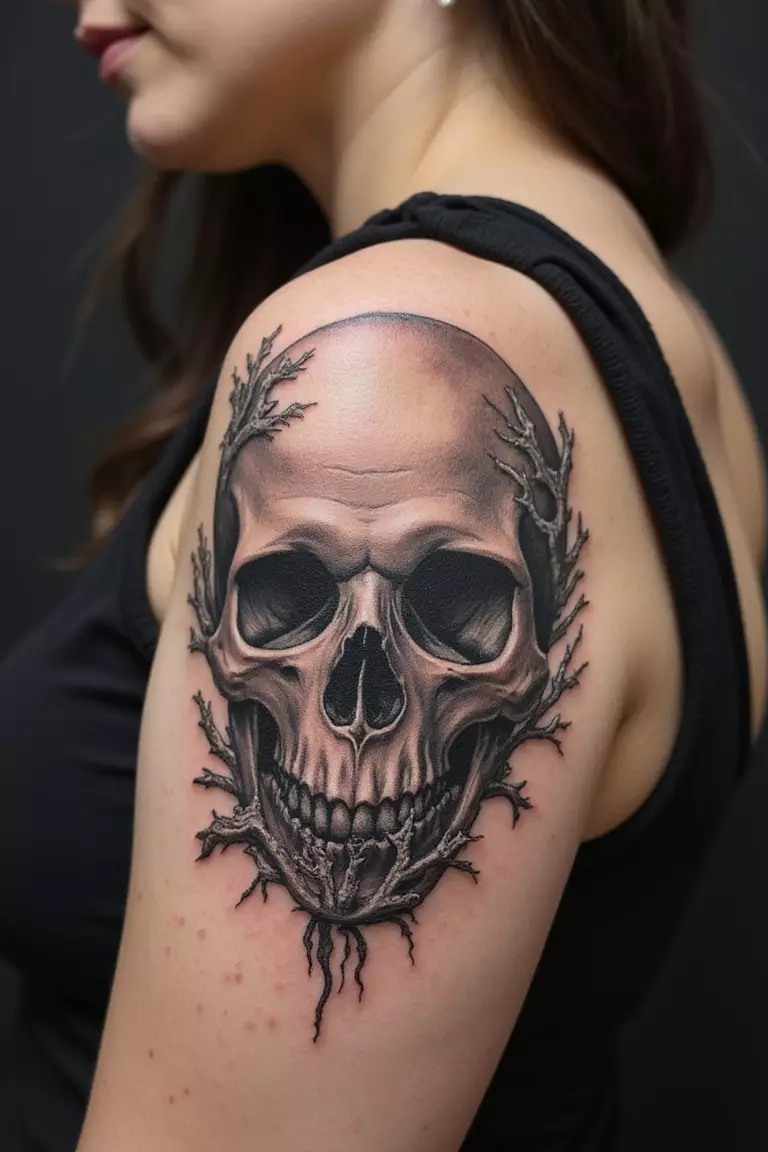 A close-up shot of a woman showing her black ink coral growing on a skull tattoo design on her arm