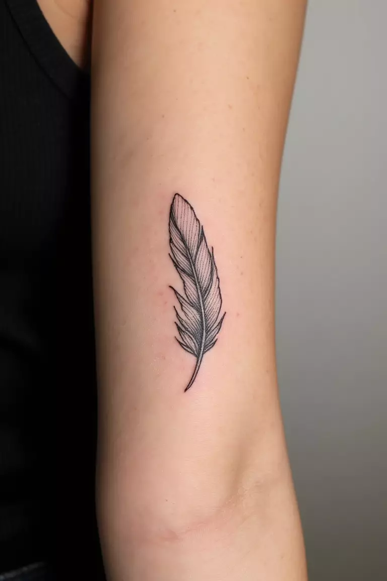 A close up shot of woman's arm with a black ink feather outline tattoo, simple contour with no internal details