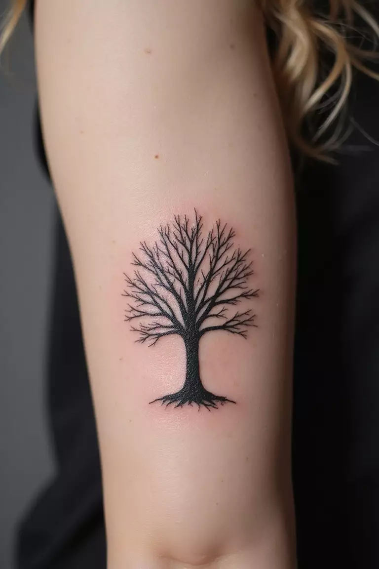 A close-up shot of a woman's arm with a black ink tattoo of a lone tree silhouette with bare branches.