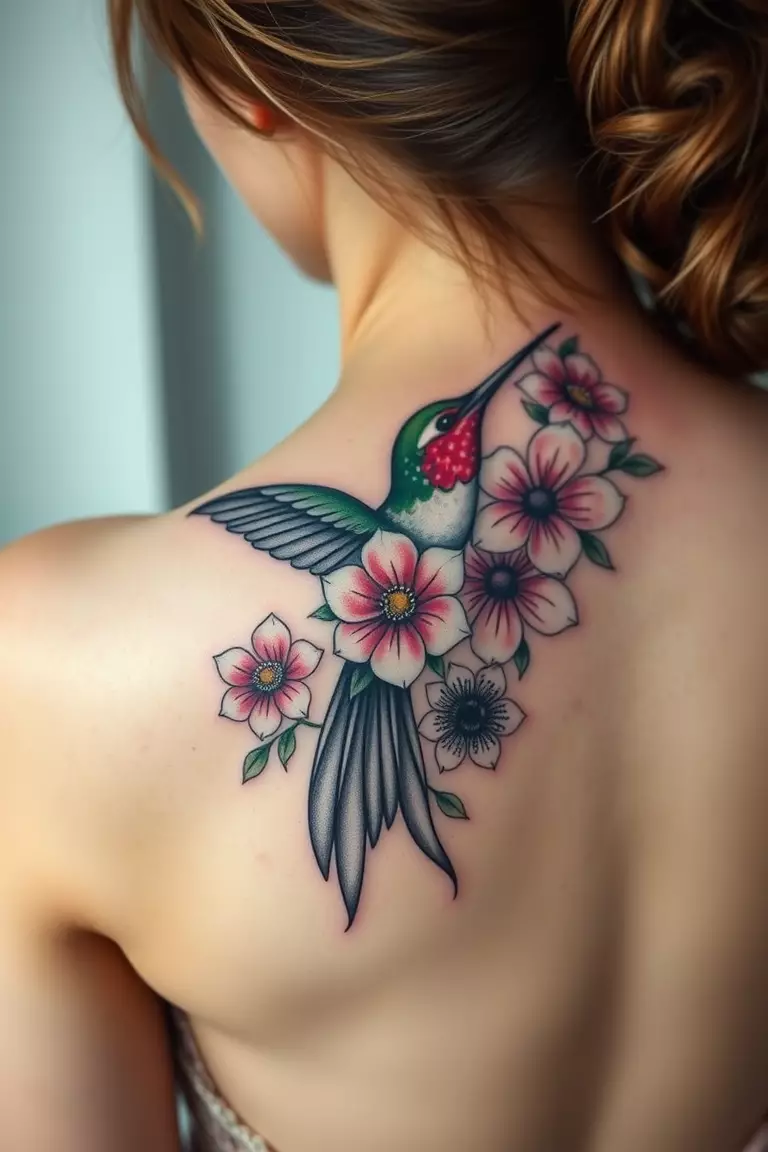 Hummingbird and Flower Tattoo on Back A photo of a woman with a hummingbird and flower tattoo on her back, featuring various floral elements