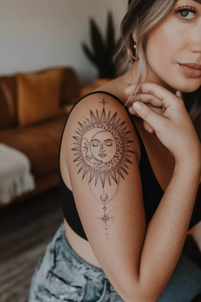 A close-up photo of a woman showing her intricate moon and sun tattoo intertwined, tattoo design, living room background