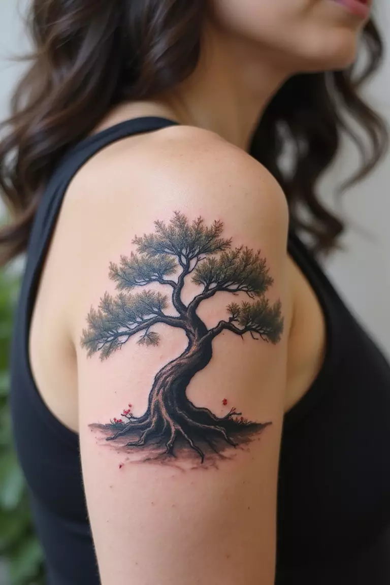 A close-up shot of a woman showing her black ink watercolor splash effect bonsai tree tattoo design on her arm