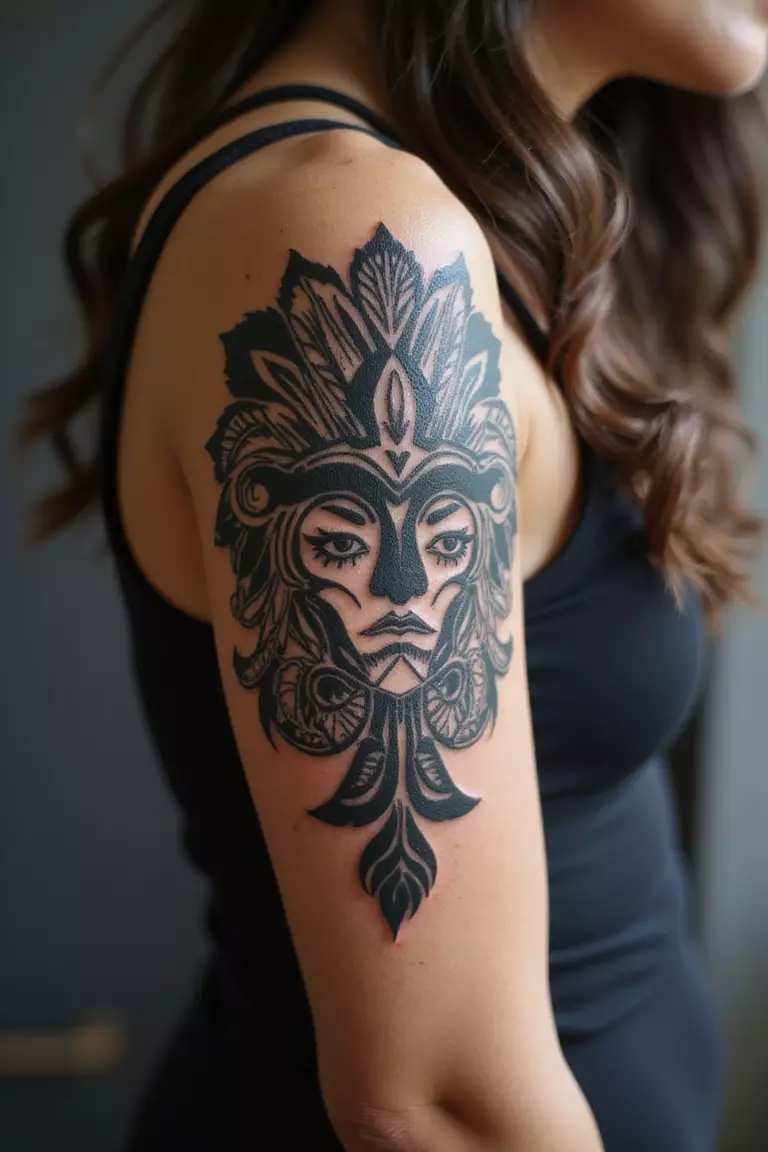 Tribal Pacific Islander Style A close-up shot of a woman showing her black ink Tribal Pacific Islander Style tattoo design on her arm