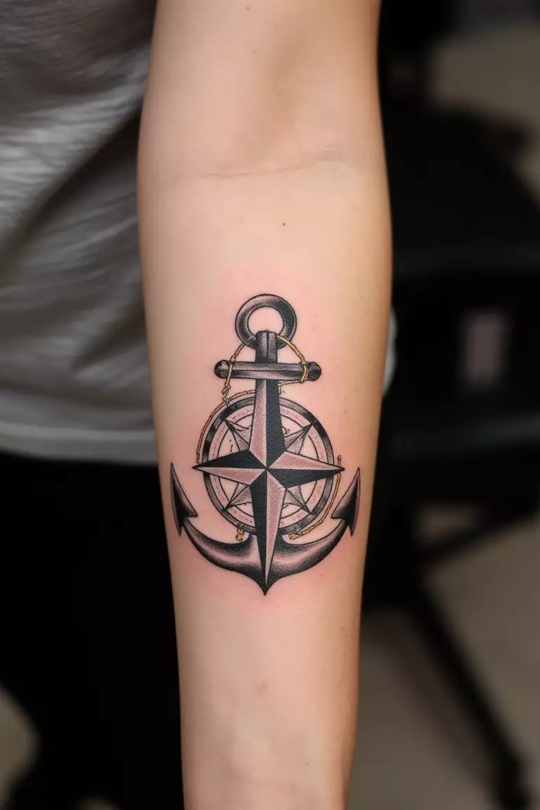 Anchor and Compass A close up shot of woman's arm with a black ink anchor and compass tattoo.