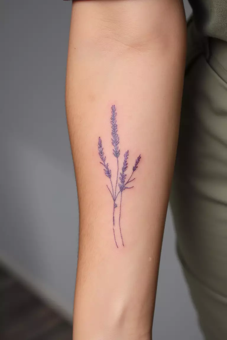 A close up shot of woman's arm with a fine line lavender tattoo  