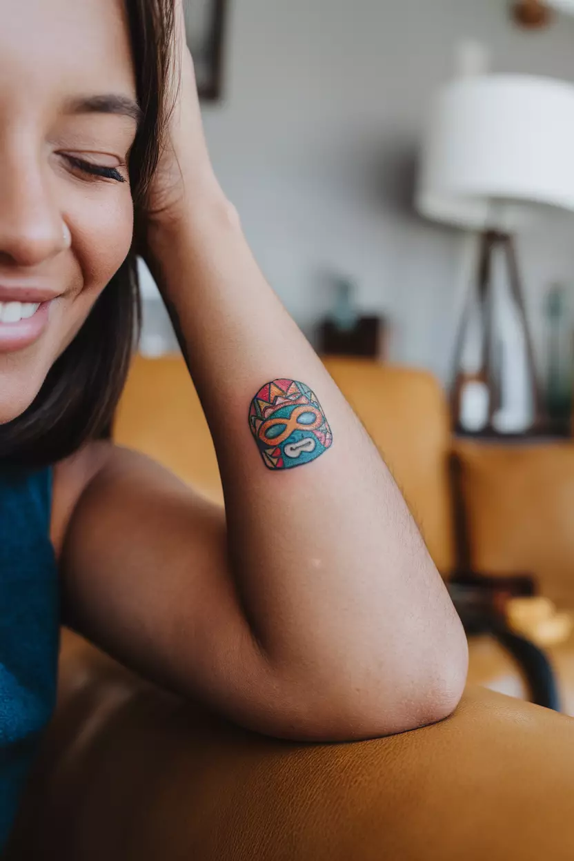 Tiny Luchador Mask A close-up photo of a woman showing her tiny colorful luchador mask tattoo, tattoo design, living room background