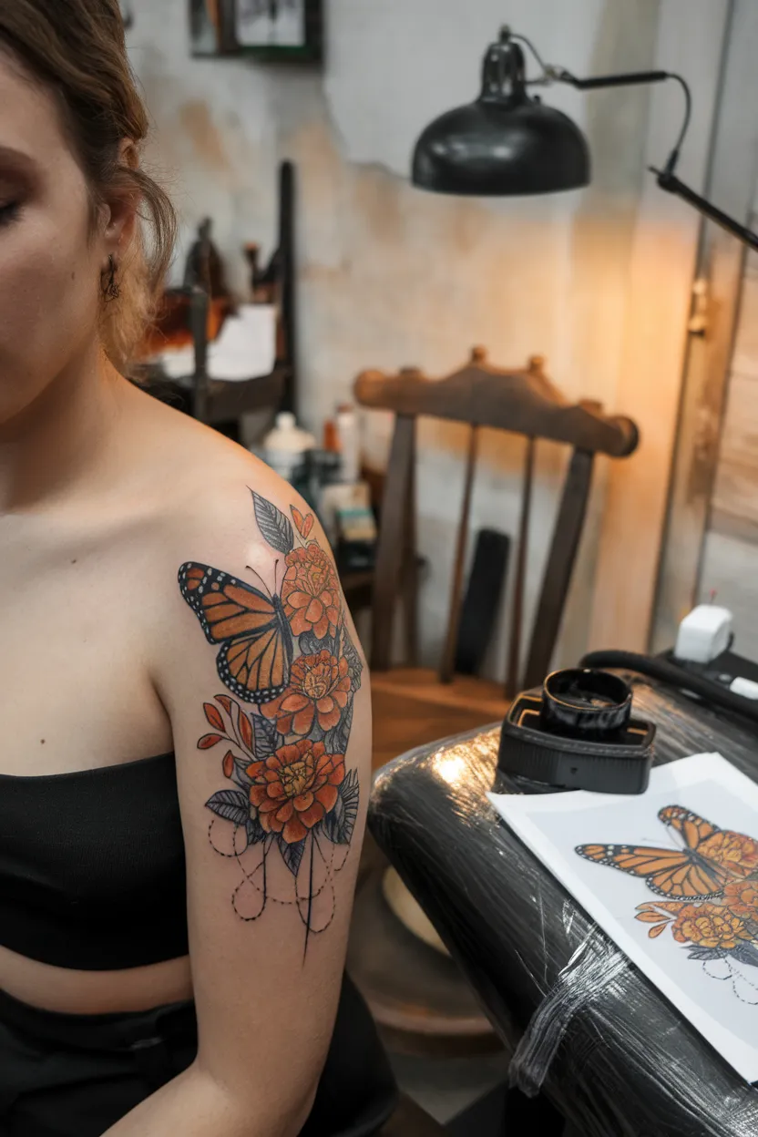 Monarch Butterfly With Marigolds