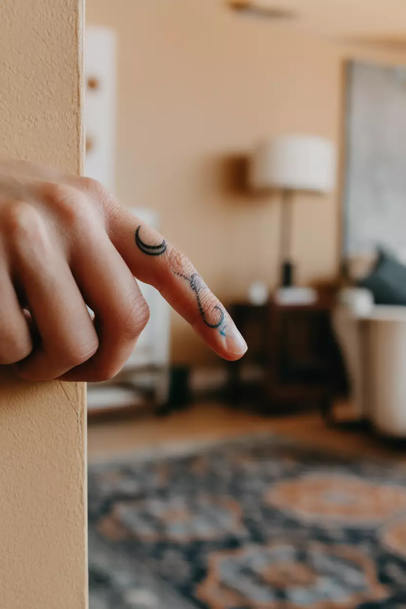 A close-up photo of a woman showing her finger with a small, curved crescent moon tattoo along the side, tattoo design, living room background